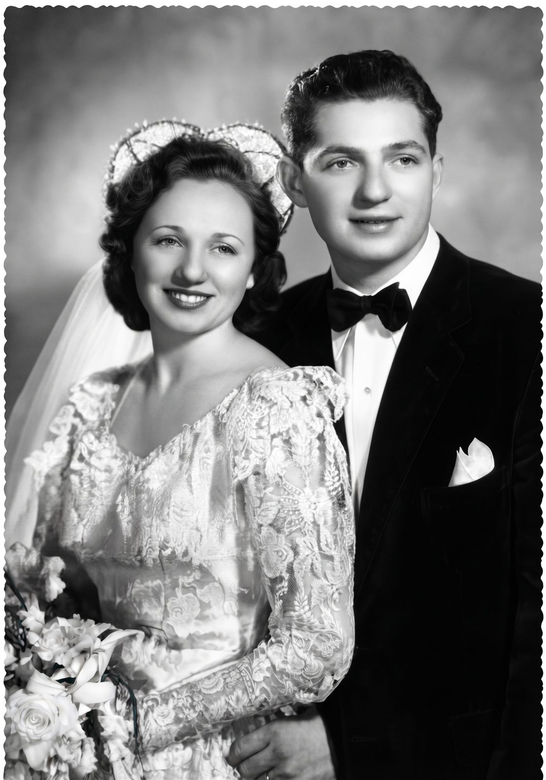 Hannah and Eddy Low in a black-and-white studio portrait on their wedding day.