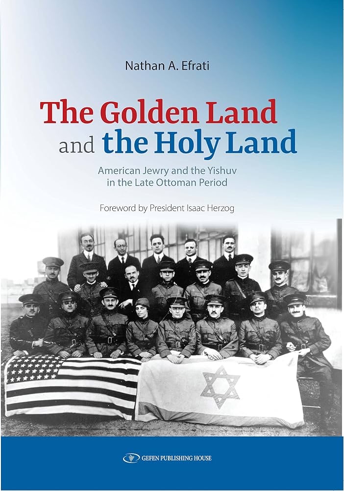 The cover of The Golden Land and the Holy Land, with an archival photograph of a group beneath American and Zionist flags.
